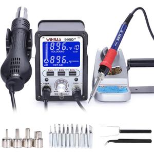 YIHUA 995D+ 2 in 1 Hot Air Rework and Soldering Iron Station with 3 Memories, Large LCD Screen Display, Cool/Hot Air Conversion, Sleep Mode, F /C