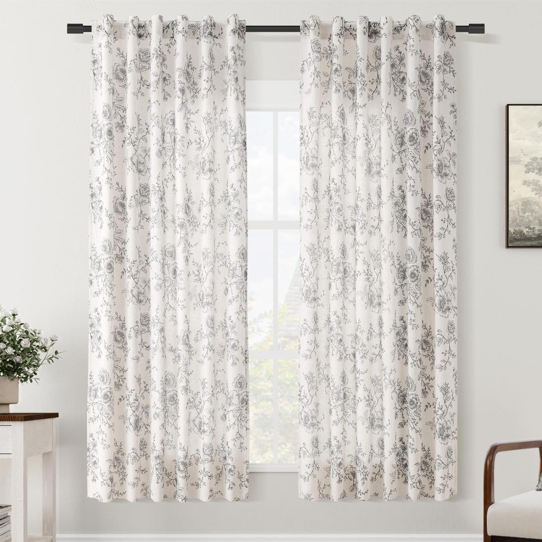 Floral Linen Curtains 63 inch length 2 panels for Dining Room Neutral Cream Black Pattern Printed Curtains Living Room Back Tab Semi Sheer Drapes Vintage Farmhouse French Country Curtain for Bedroom