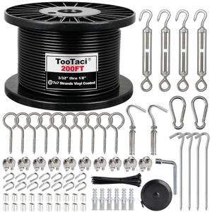 TooTaci 1/8" Wire Rope Kit, 200FT Black Vinyl Coated Stainless Steel Cable with M5 Turnbuckles for Cables Wire for String Light Hanging, Clothesline, Garden Trellis, Curtain