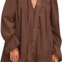 Burtell Long Sleeve Babydoll Dresses Women Fall V Neck Lace Trim Mini Dress Flowy Puff Sleeve Tie Front A-Line Tunic Dress (Brown, M)