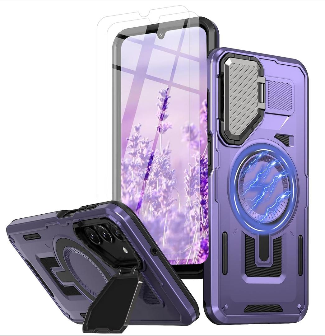 for Samsung Galaxy A16 5G Phone Case Built in Lens Protector [Compatible with Magsafe] [15 FT Military Grade Drop Protection] with 2X Tempered Glass Screen Protector Shockproof Case(Purple)
