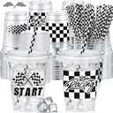 FoldTier 50 Pcs Checkered Racing Party Plastic Cups 12 oz White Black Checkered Flag Clear Cups with Straws and Lids Disposable Drink Cup for Race Car Sport Theme Birthday Party Supplies Baby Shower, 3.5 x 2.2 x 4.2 inches