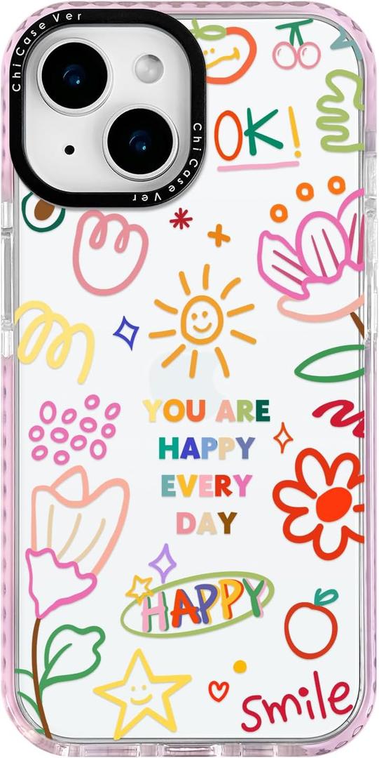 for iPhone 14 Case, Vibrant Doodle Happy Positive Floral Collage Pattern, Military-Grade Drop Protection, Cute Soft Slim TPU Protective Cover with Camera Control for Women Girls