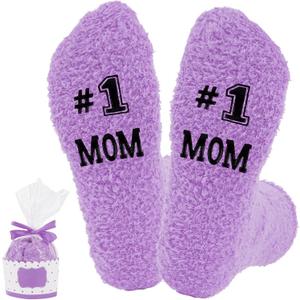 #1 Mom Coral Fleece Slipper Socks with Cupcake Gift Box Mom, Grandma, Niece, Aunt, Sister, Daughter Gifts(Hot Pink/Purple) (Purple)