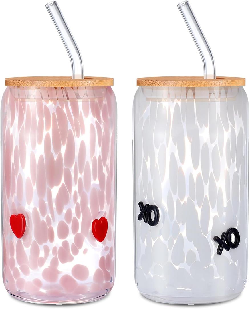 Set of 2 Valentine's Day Cute Glass Can Cup with Lid and Straw Heart XO Pink and White Aesthetic Icon Juice Glass Iced Coffee Cups Tumbler Gift for Girlfriend Wife Best Friend Lover