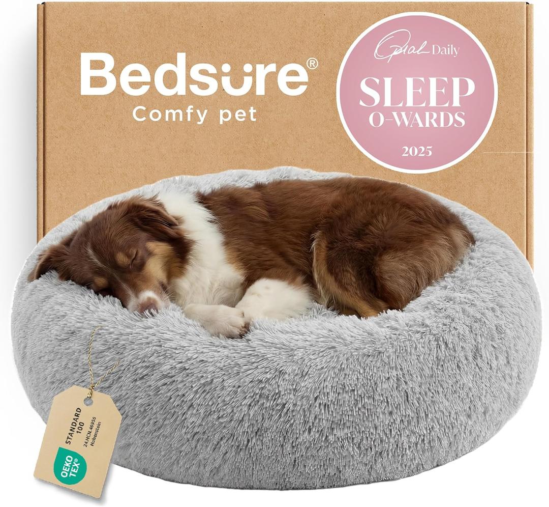 Bedsure Calming Dog Bed for Large Dogs - Donut Washable Large Pet Bed, 36 inches Anti-Slip Round Fluffy Plush Faux Fur Dog Bed, Fits up to 80 lbs Pets, Pale Grey