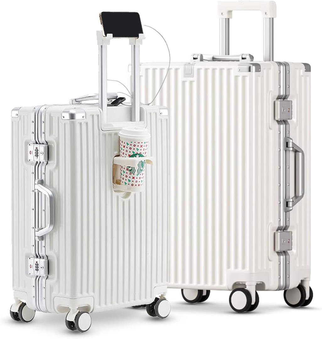 Carry-on with Cup Holder & USB Port Carry on Luggage Durable Luggage Suitcase Lightweight Hardside Luggage with TSA lock & Phone Holder 360° double spinner Wheels (White=(20+24)lnch, (20+24)lnch)