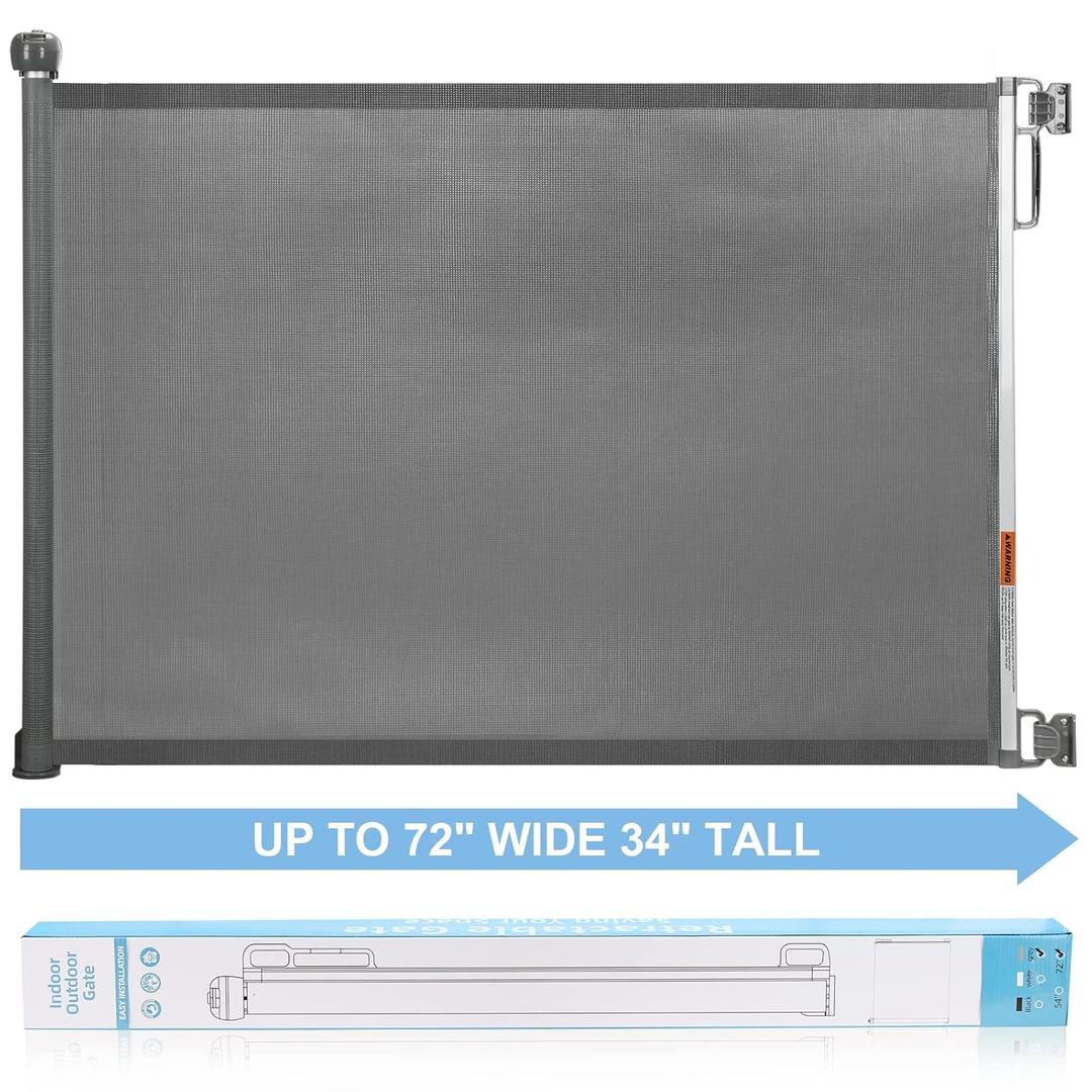 PRObebi Retractable Dog Gate - 34" Tall, Extends to 72" Wide, Safety Gate for Indoor/Outdoor, Stairs, Doorways, Deck, Banisters (Grey)