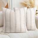 AELS 26x26 Decorative Farmhouse Linen Throw Pillow Covers, Boho Textured Pillow Case, Set of 2, Beige with White & Black Stitch Yarn Dyed Stripe Cushion Cover for Sofa Couch Living Room (Cover ONLY)