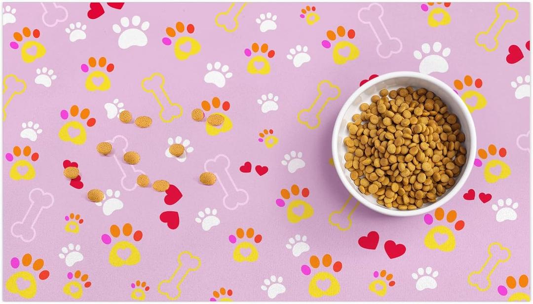Pet Food Mat Pink Paw & Bone, Cute Absorbent Dog Cat Feeding Pad, Non-Slip Dish Mat for Food Water Bowls, Present for Dog Cat Lovers, Home Decoration, 12x20 Inch