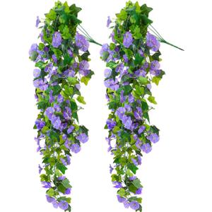 2 Pcs Artificial Fake Hanging Flowers Plants 41'' Faux Silk Petunia UV Resistant Fake Morning Glory Long Trailing Vines for Spring Outside Front Porch Patio Balcony Decoration(Purple)