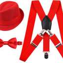 Alizeal 100 Days of School Costume for Kids 2.5cm Elastic Braces 3 Clip Suspender and Bow Tie Set with Fedora Hat (Red)