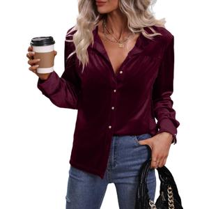 Floerns Women's Solid Button Down Long Sleeve Collar Velvet Shirt Blouse Top XL