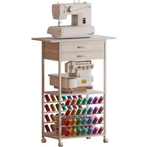 Rolling Sewing Machine Table with 2 Fabric DrawersCraft Table on Wheel with Spools Thread HolderPortable Sewing Cabinet for Embroidery Machine with 3 Open Shelves for Small Spaces (White)
