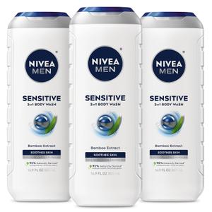 NIVEA MEN Sensitive Body Wash with Bamboo Extract, Moisturizing Body Wash for Sensitive Skin, Soap Free Shower Gel for Men with No Drying Alcohol, 16.9 Fl Oz Bottle, Pack of 3