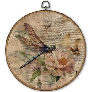 TLESKE Vintage Dragonfly Floral Round Wall Art Decor Framed 10x10, Fall Flower Canvas Wall Art Prints Artwork, Beige Neutral Wall Hanging Room Door Decor Decorations for Bedroom Living Room