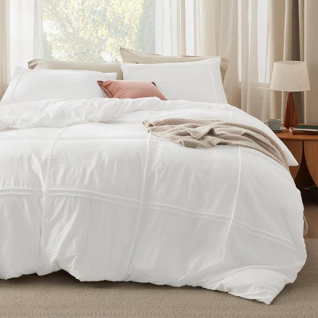 Bedsure Grid Boho Duvet Cover Queen Size - Shabby Chic Tufted Boho Bedding Set, 3 Pieces Shabby Chic Home Bedding for All Seasons, Includes 1 Queen Duvet Cover & 2 Pillowcases (White, 90" x 90") (Queen (90" x 90"), 14 - White - Grid (No Comforter))