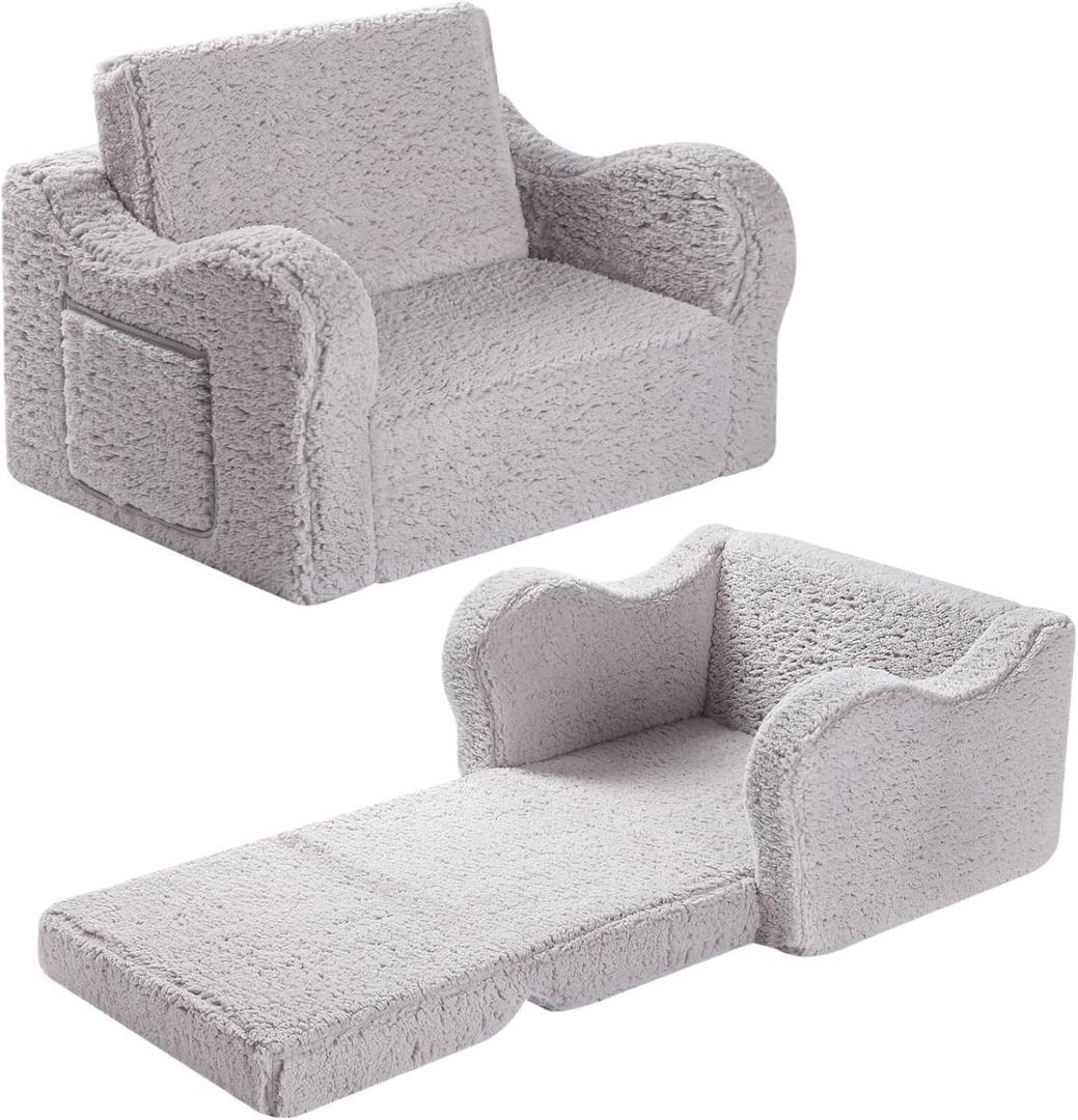 MOMCAYWEX Kids Sofa, 2-in-1 Flip-Out Foam Couch with Soft Sherpa Cover, Cozy Play Lounge Chair, Grey