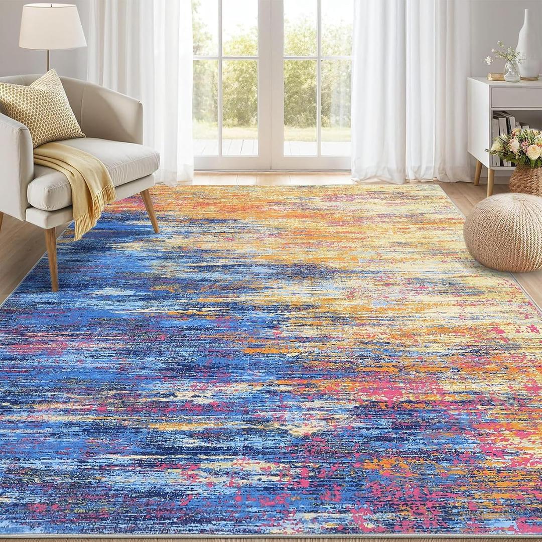 Modern Abstract Living Room Rug 10x13, Machine Washable Large Carpet, Non Slip Low Pile Throw Rug, Ultra Soft Indoor Floor Carpet for Bedroom Dining Room Table Home Decor, Blue/Orange