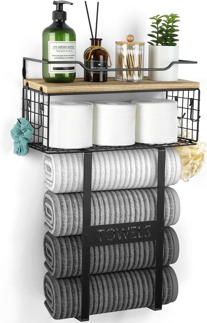 Towel Racks for Bathroom Wall Mounted - Bath Wall Towel Holder Set Above Toilet Storage, Rolled Towel Shelf Organizer for Small Bathroom, Wood Vertical Towel Rack for Bathroom Wall Decor