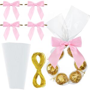 Yexiya 50 Sets Valentines Wreath Candy Bags with Ribbon Bow Twist Ties and Long Clear Treat Bags for Party Favor Easter Wedding DIY Candy Wrapping Gifts Chocolate Bag(Pink,2.4 x 21.7 Inch)