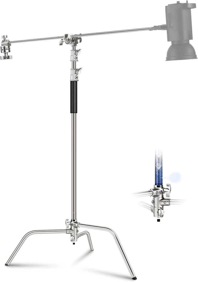 NEEWER C Stand with Boom Arm Pro 100% Stainless Steel, Max Height 10.8ft/330cm Air Cushion Heavy Duty Photography Light Stand with 4.2ft/128cm Holding Arm for Monolight Softbox Reflector