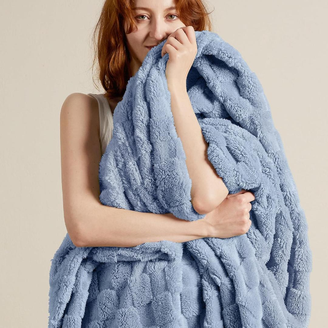 Bedsure Ashley Blue Fleece Blanket for Couch - Super Soft Cozy Queen Blankets for Women, Cute Small Throws for Girls, 90x90 Inches (Queen (90" x 90"))