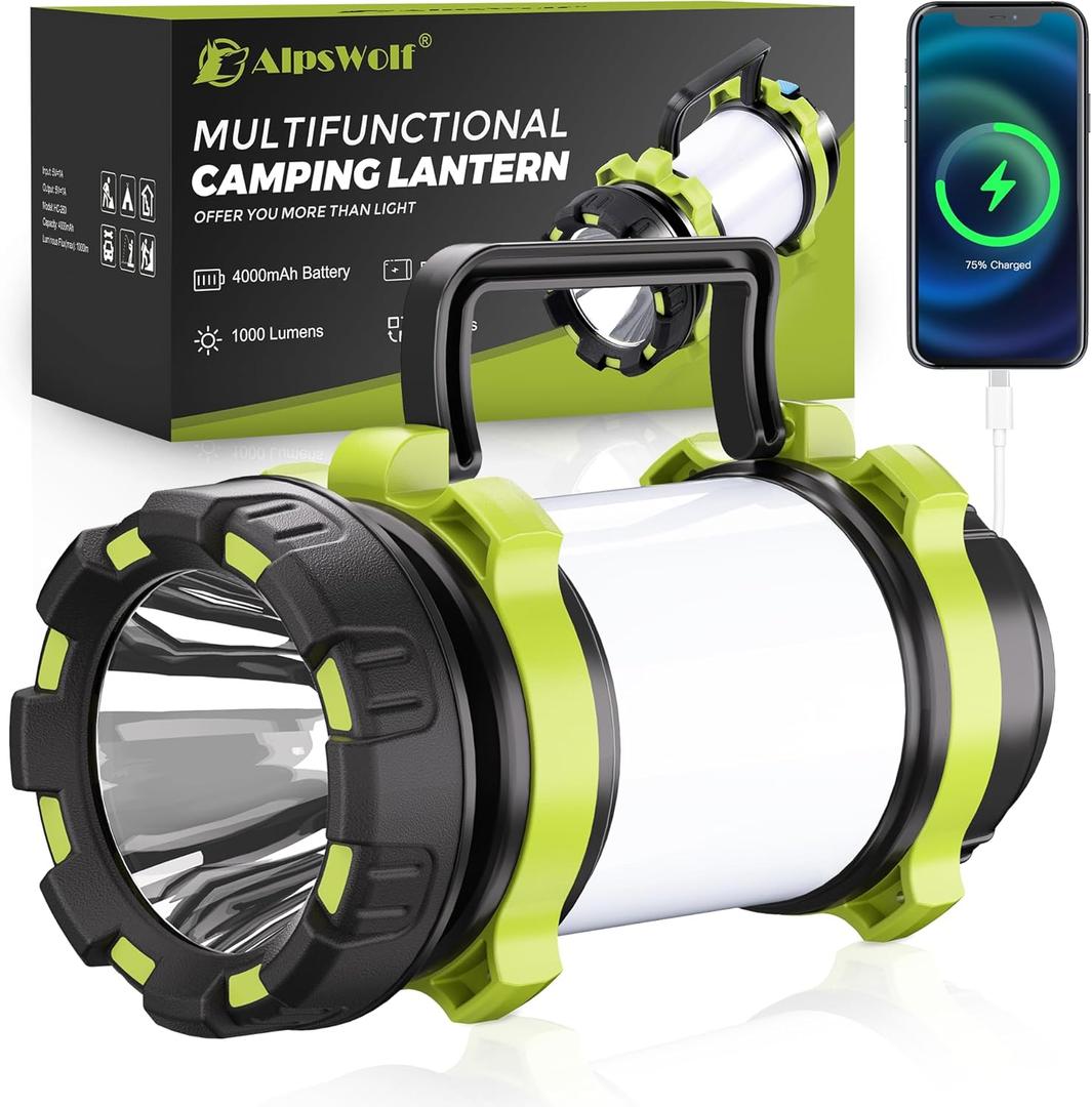 AlpsWolf Rechargeable Flashlight, 6 Modes Camping Flashlight LED Camping Lantern for Power Outage, Flashlight for Home, Emergency, Green