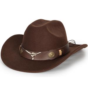 UTOWO Women Men Felt Western Cowboy Hat Classic Roll Up Brim Belt Buckle Cowgirl Fedora with Metal Bull Head M/L