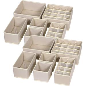 12 Pack Foldable Drawer Organizer Dividers Cloth Storage Box Closet Dresser Organizer Cube Fabric Containers Basket Bins for Underwear Bras Socks Panties Lingeries Nursery Baby Clothes Beige