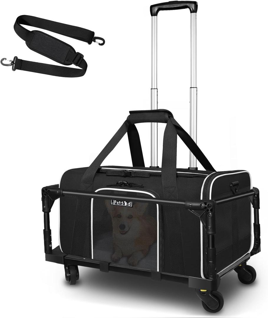 Petskd Small Pet Carrier with Wheels(18" L x 11" W x 11" H), Delta/American/United Airlines Approved, Rolling Pet Carrier for Small Dogs & Cats (Black)