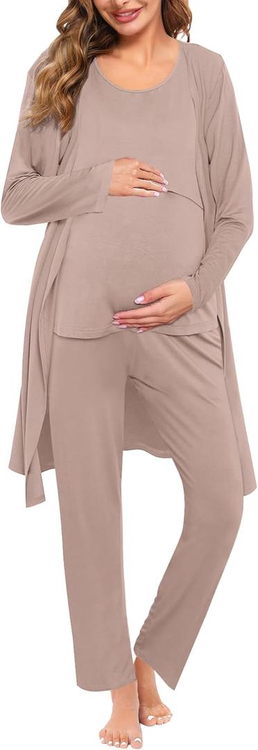 SWOMOG Maternity Nursing Robe Set 3 PCS Women Postpartum Pajamas Breastfeeding Labor Delivery Hospital Pregnancy Pjs (Medium, Light Brown)