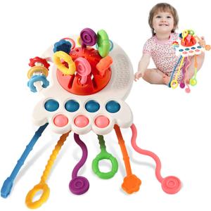 Hooku Montessori Toys for 1 Year Old, Sensory Toys for Babies, Food Grade Silicone Pull String Activity Toy, Fine Motor Toys, Baby Travel Toys, Toddler Baby Girl Boy Gifts