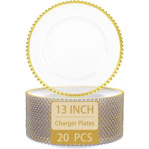Supernal 20pcs Clear Charger Plates,Gold Chargers Plates for Dinner,Beaded Plates 13 Inch Suitable For,Mother's Day,Easter Party and Birthday,Wedding