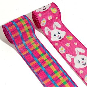 2 Rolls 2.5" 5 Yd Easter Ribbon Easter Bunny Easter Egg Wired Ribbon Colorful Buffalo Plaid Ribbon for Spring Wreath DIY Crafts Bows Making Gifts Wrapping Easter Party Decoration