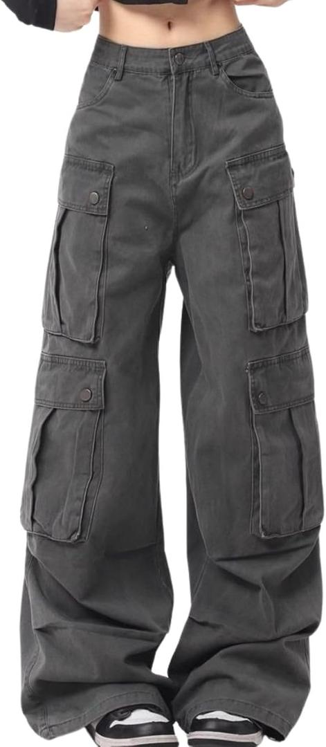 Baggy Cargo Pants for Women Men High Waisted Y2k Hip Hop Grunge Pants with Pockets Casual Streetwear Grey-L 