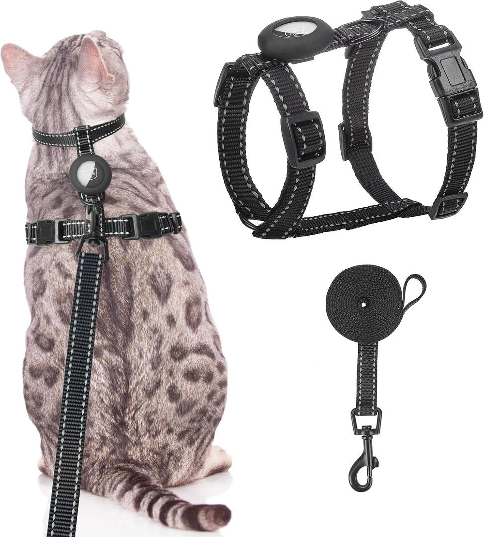 SCENEREAL Cat Harness and Leash Set Escape Proof with Airtag Holder, Reflective Pet Harnesses for Walking, Adjustable Kitty Vest Soft Harness Outdoor Indoor, Cute Travel Boys Girls Small Large Cats (Black)