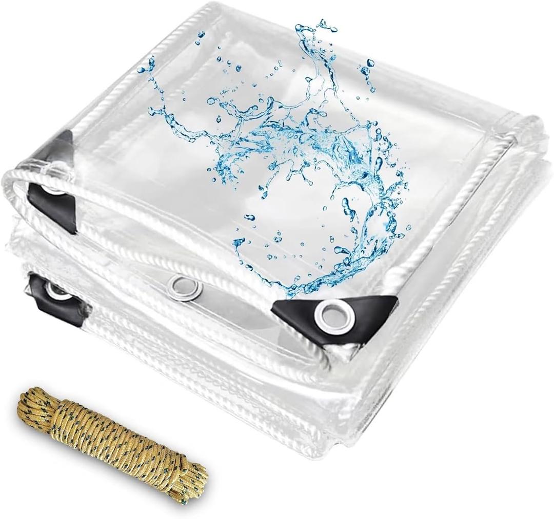 8' X 10' Clear Tarps Heavy Duty Waterproof PVC Vinyl 14 Mil Thick, Glass Tarpaulin with Metal Grommets, Protects Against Water, Tear, Cold Weather Resistan for Greenhouse Balcony Garden