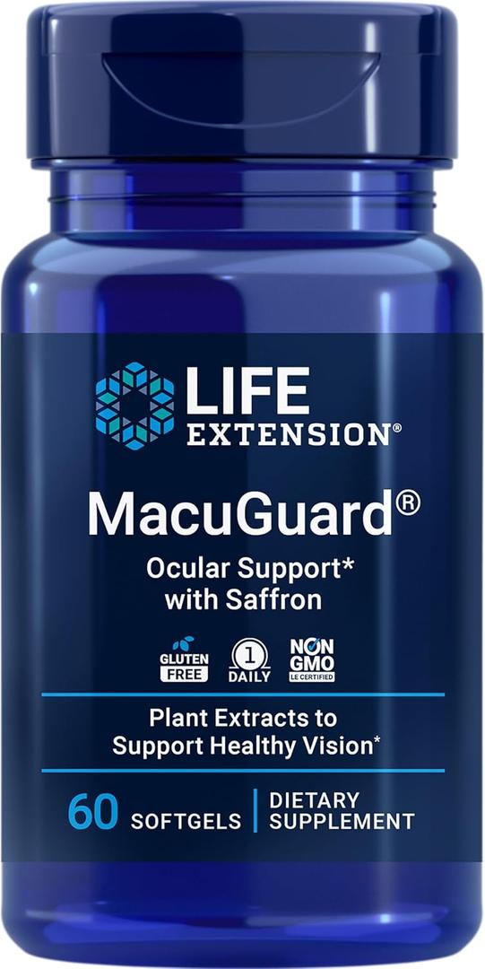 Life Extension MacuGuard Ocular Support with Saffron Eye Health Supplement for Healthy Vision with Lutein, Meso-zeaxanthin, zeaxanthin, Saffron Gluten-Free, Non-GMO 60 softgels (EXP 07/31/26)