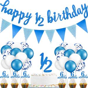 Skylety 1/2 Half Birthday Decorations 6 Months Outfit Baby Banner Cupcake Topper Triangle Flag Banner Confetti Balloons Cake Topper for Girl Boy Half Year Birthday Party Photoshoot Props(Dark Blue)