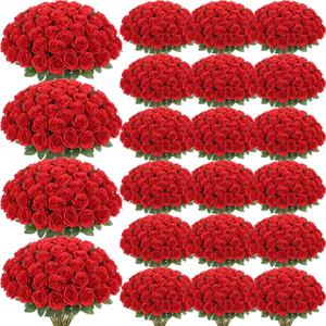Zeyune 1000 Pcs Red Roses Artificial Flowers Bulk - Silk Fake Roses with Long Stem Faux Flower Real Looking Bouquet for Wedding DIY Bouquets Bridal Shower Mall Event Setups Party Arrangements
