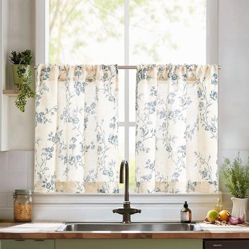 jinchan Floral Kitchen Curtains 26x30 Inch Linen Tier Curtains Farmhouse Cafe Half Window Drapes Over Sink Light Filtering Blue on Beige for Living Room Laundry RV Rod Pocket 2 Panels