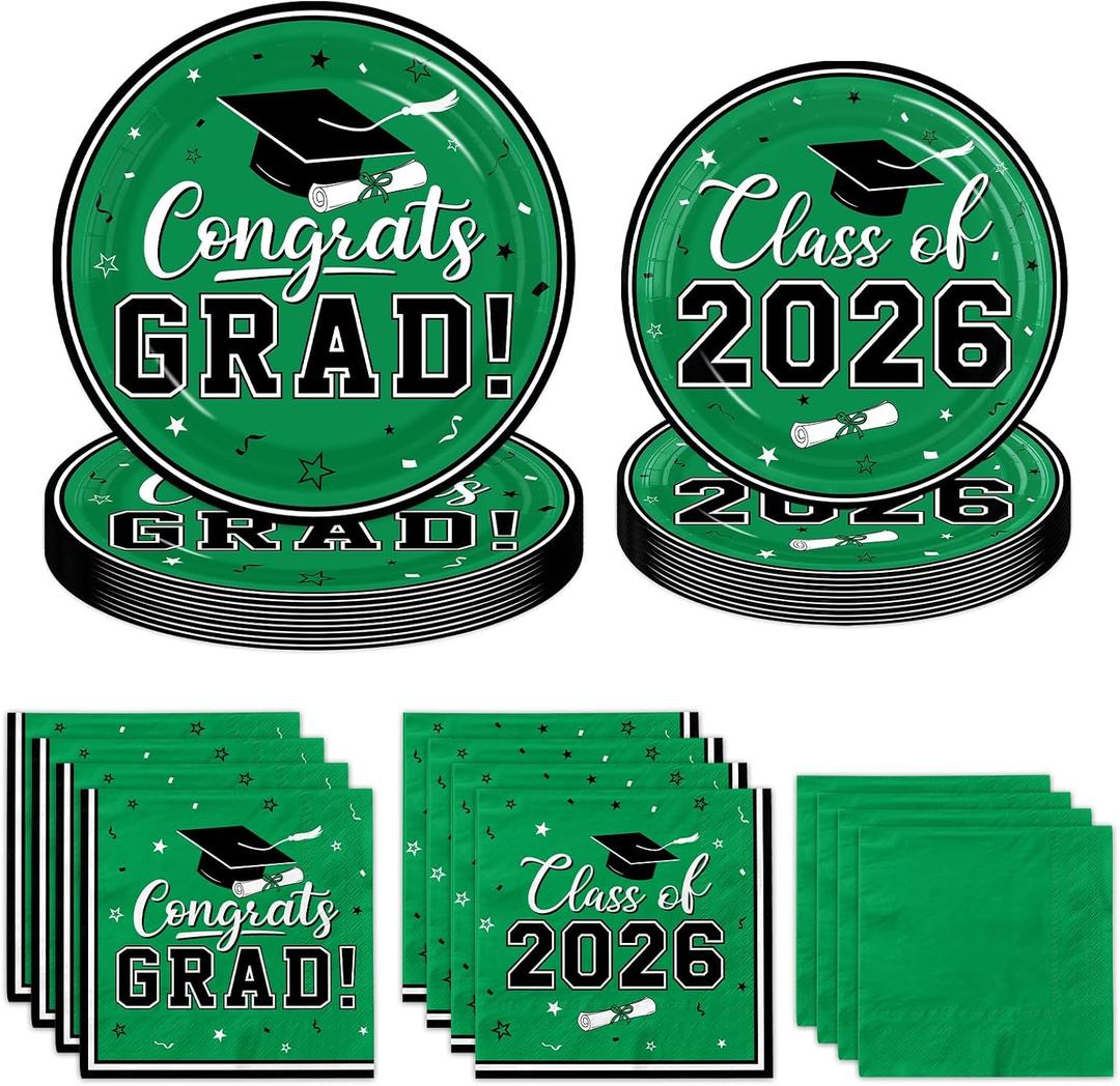 Graduation Party Plates and Napkins,2026 Graduation Party Supplies Congrats Grad Class of 2026 Theme Tableware for College High School Congrats favors Serve 50（Green）