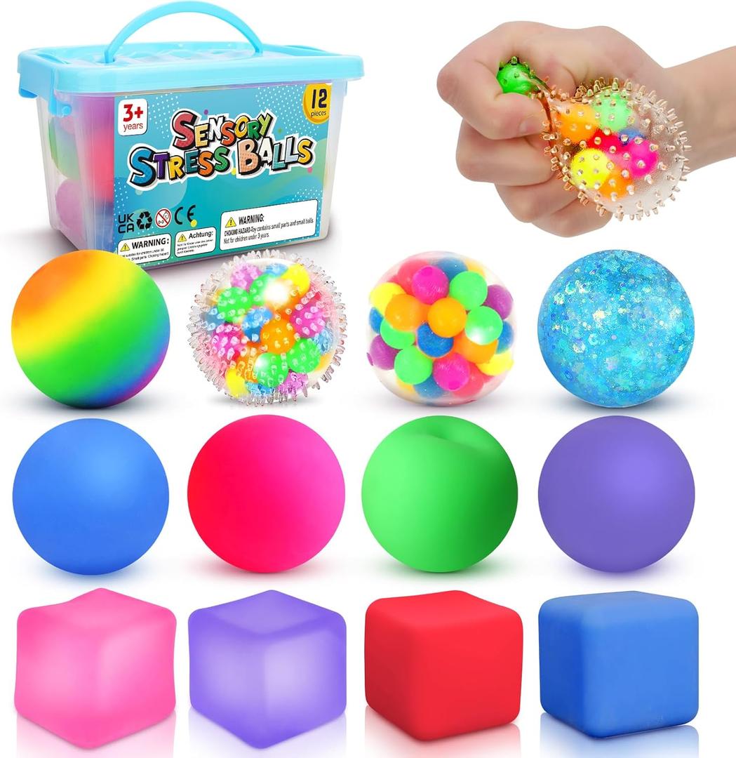 Stress Balls Fidget Sensory Toys: 12 Pack Squishy Stress Balls for Kids 3-12 - Hand Therapy Sensory Ball with Anxiety Pressure Relief - Squeeze Stress Toys Bulk - Classroom Prize Gift for Student
