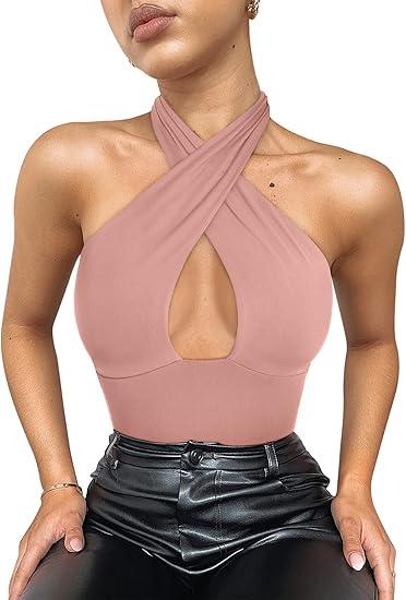 REORIA Women's Sexy Criss Cross Halter Neck Sleeveless Party Club Night Going Out Thong Bodysuits Tops Pink XLarge REORIA Women's Sexy Criss Cross Halter Neck Sleeveless Party Club Night Going Out Thong Bodysuits Tops Pink XLarge
