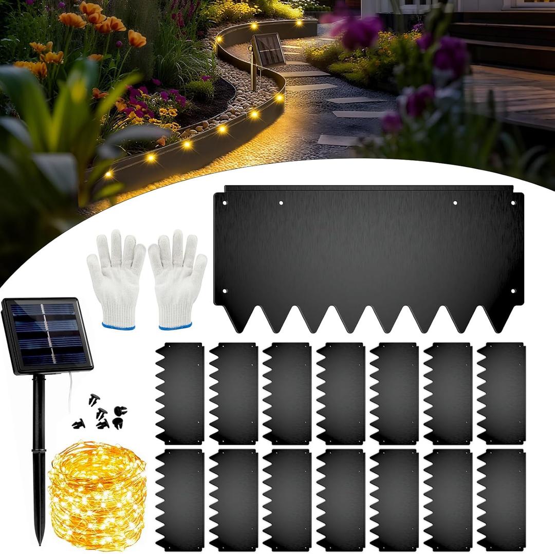 2025 New 21ft. Metal Landscape Edging with Lights 15 Pack - 16.5"x8" Galvanized Steel Garden Border with Rolled Top & Curved Serrations - Flexible Bendable Rustproof Edging for Lawn Flower Bed Yard