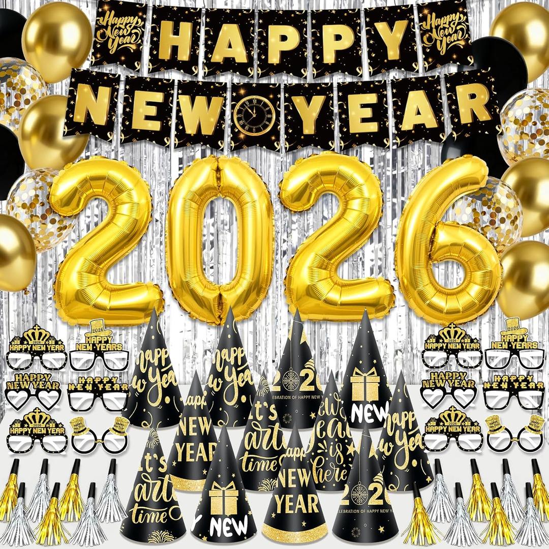 New Years Decorations 2026, New Years Eve Party Supplies 2026 with Happy New Year Banner Silver Fringe Curtains 32inch 2026 Balloons Hats Glasses Noise Makers for NYE Decorations 2026