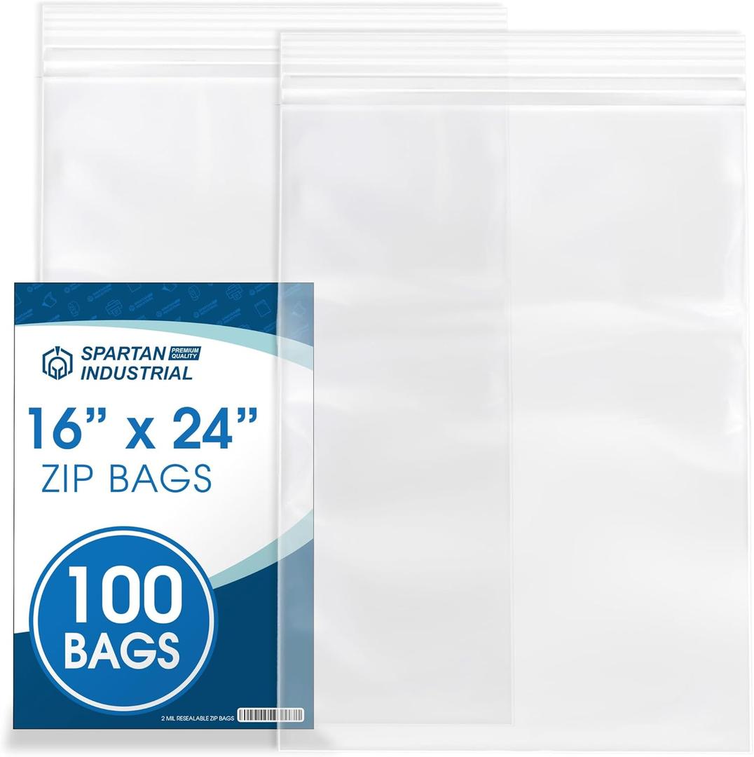 Spartan Industrial - 16 X 24 (100 Count) 2 Mil Clear Reclosable Zip Plastic Poly Bags with Resealable Lock Seal Zipper