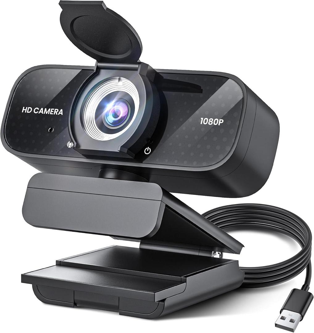Full HD Webcam with Built-in Microphone and Rotatable Tripod, 1080P Video and Wide Angle Camera, Privacy Cover, for Desktop PC Laptop Computer Black