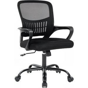 DUMOS Home Office Computer Chair - Ergonomic Mid Back Desk with Lumbar Support and Rocking Mode, Height Adjustable with Fixed Armrest, for Conference Meeting Room, 360 Swivel, Adults, Black